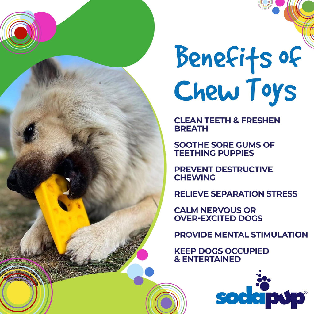 Benefits graphic for the yellow SodaPup Swiss Cheese Wedge nylon chew for aggressive chewers