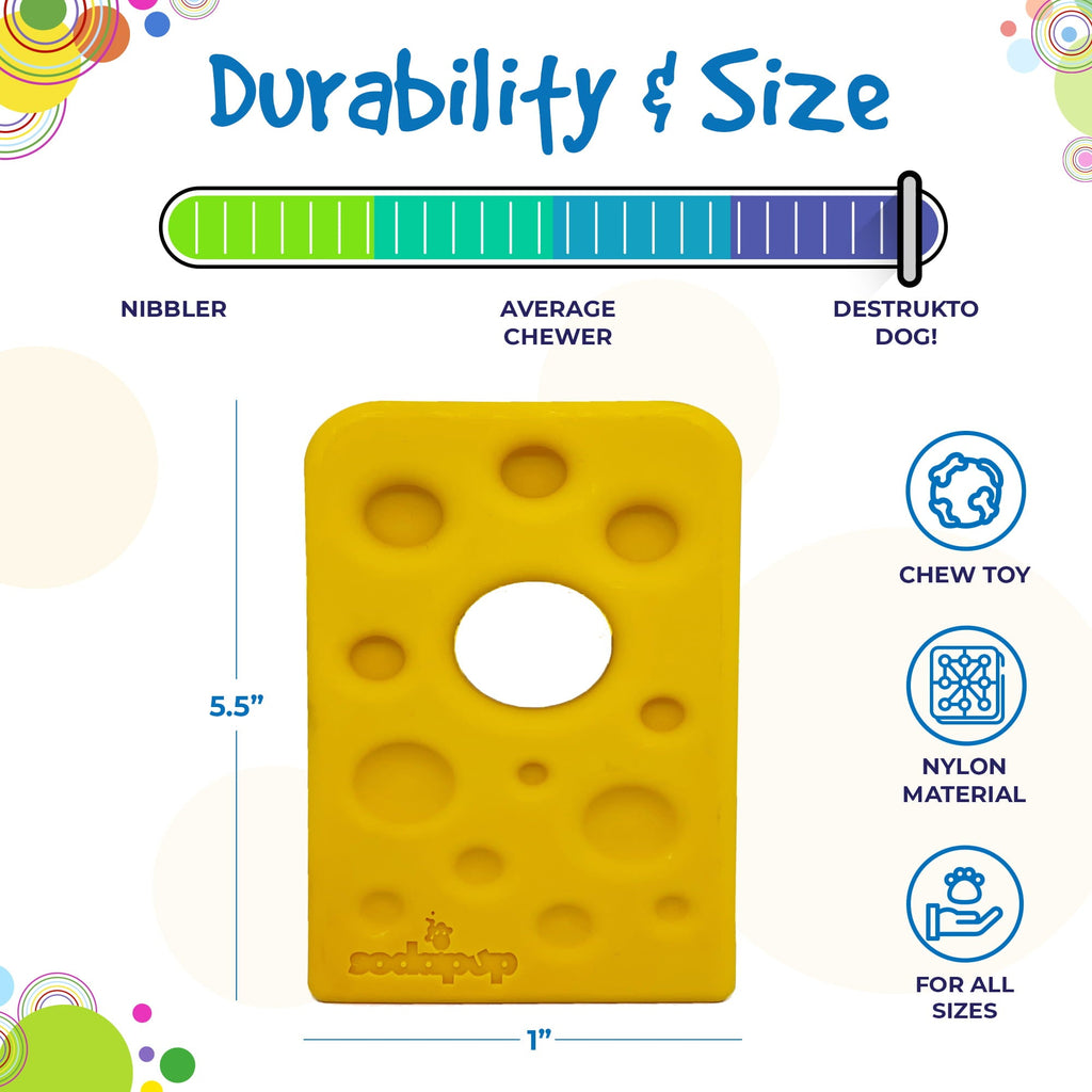 Durability and size graphic for the yellow SodaPup Swiss Cheese Wedge for dogs 15 to 80 lb