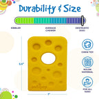 Durability and size graphic for the yellow SodaPup Swiss Cheese Wedge for dogs 15 to 80 lb