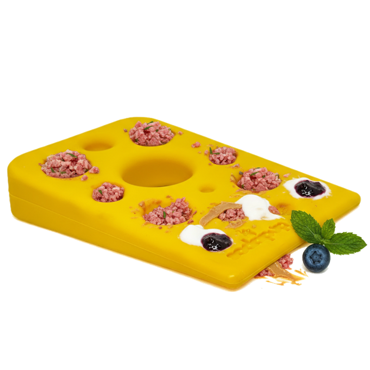Yellow SodaPup Swiss Cheese Wedge, a cheese-shaped nylon chew toy made in the USA