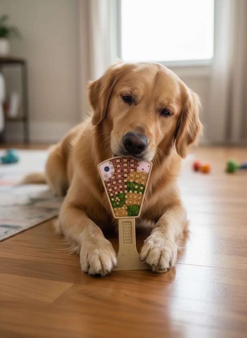 SodaPup Waffle Tower eChew, a 2-in-1 nylon chew and lick toy for dogs about 30 to 65 lb