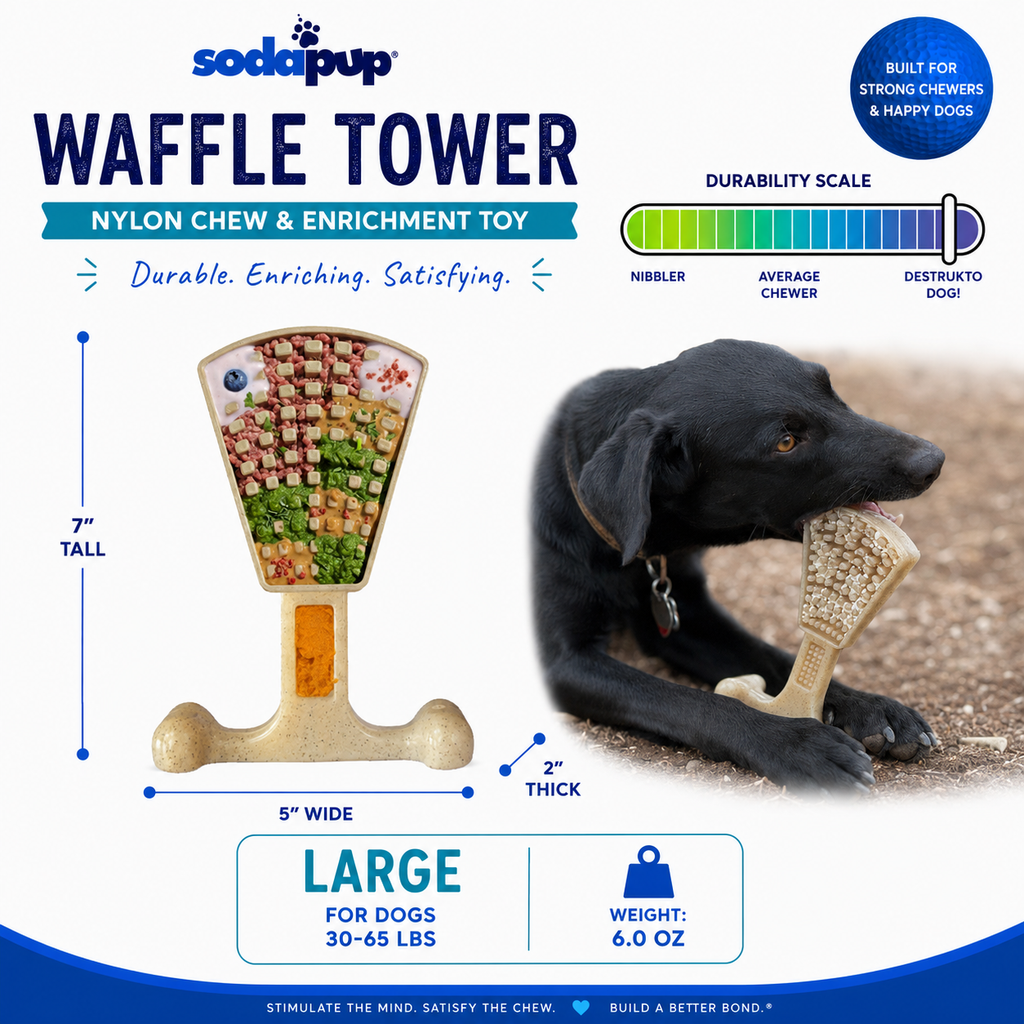 SodaPup Waffle Tower enrichment chew made in the USA from FDA-compliant, BPA-free nylon