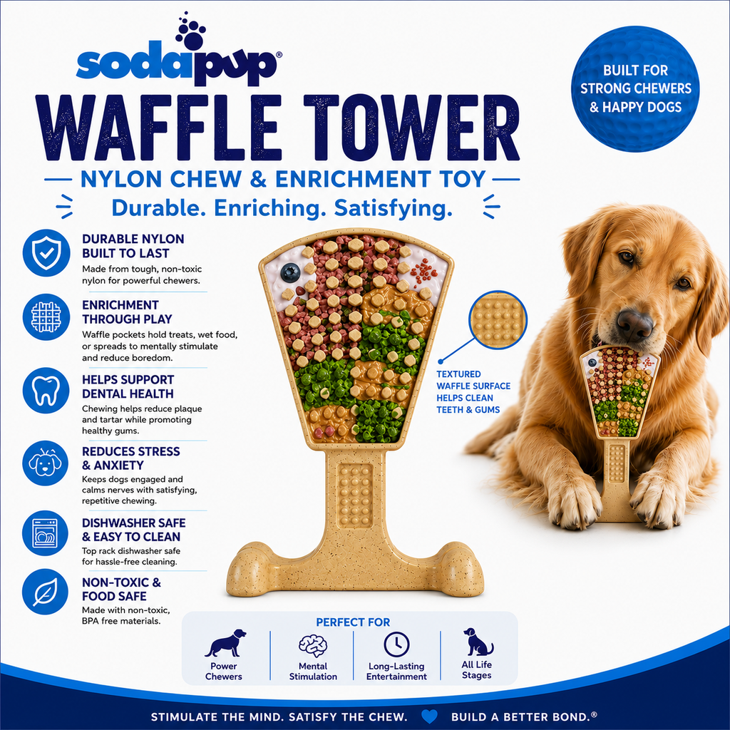 Waffle Tower eChew by SodaPup with textured grooves that hold peanut butter or yogurt