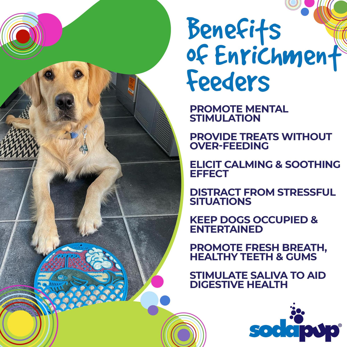 Benefits graphic for the SodaPup Whale eMat, a blue lick mat for dogs and cats