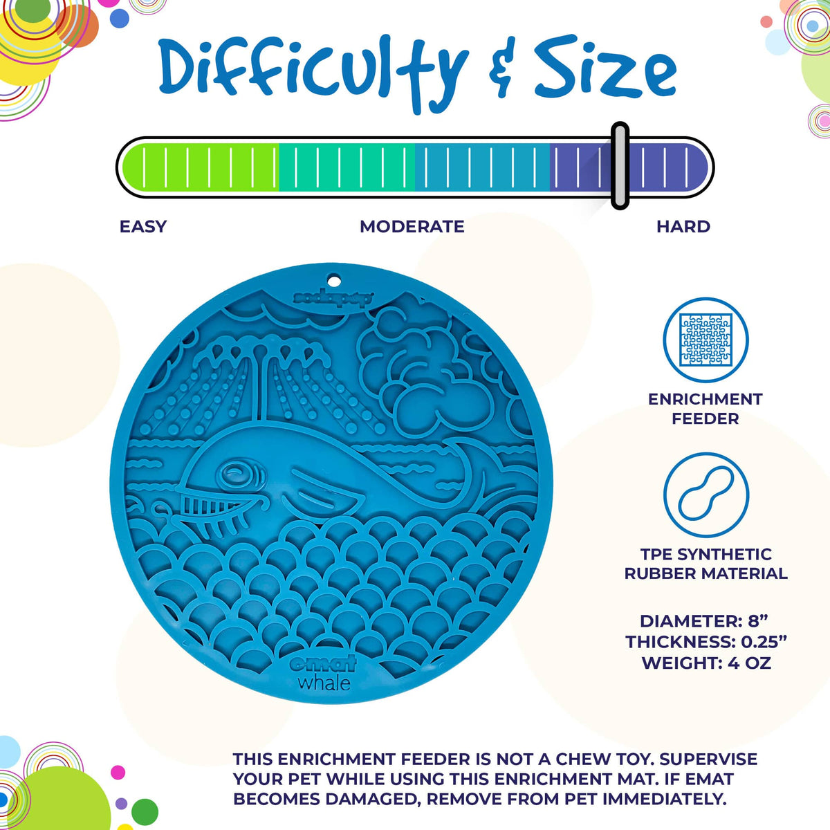 Difficulty and size graphic for the SodaPup Whale eMat, an 8 x 8 inch medium lick mat