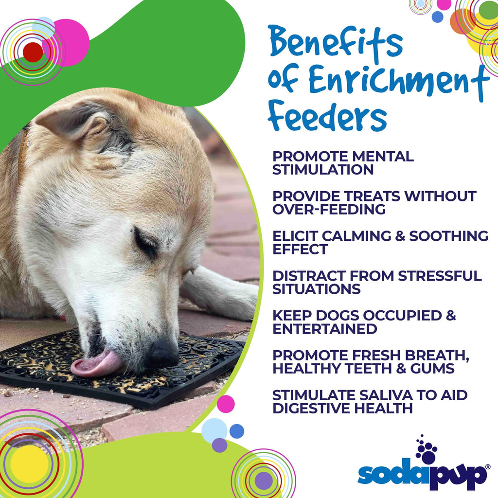 Benefits graphic for the black SodaPup Zombie eMat, a licking enrichment feeder for pets