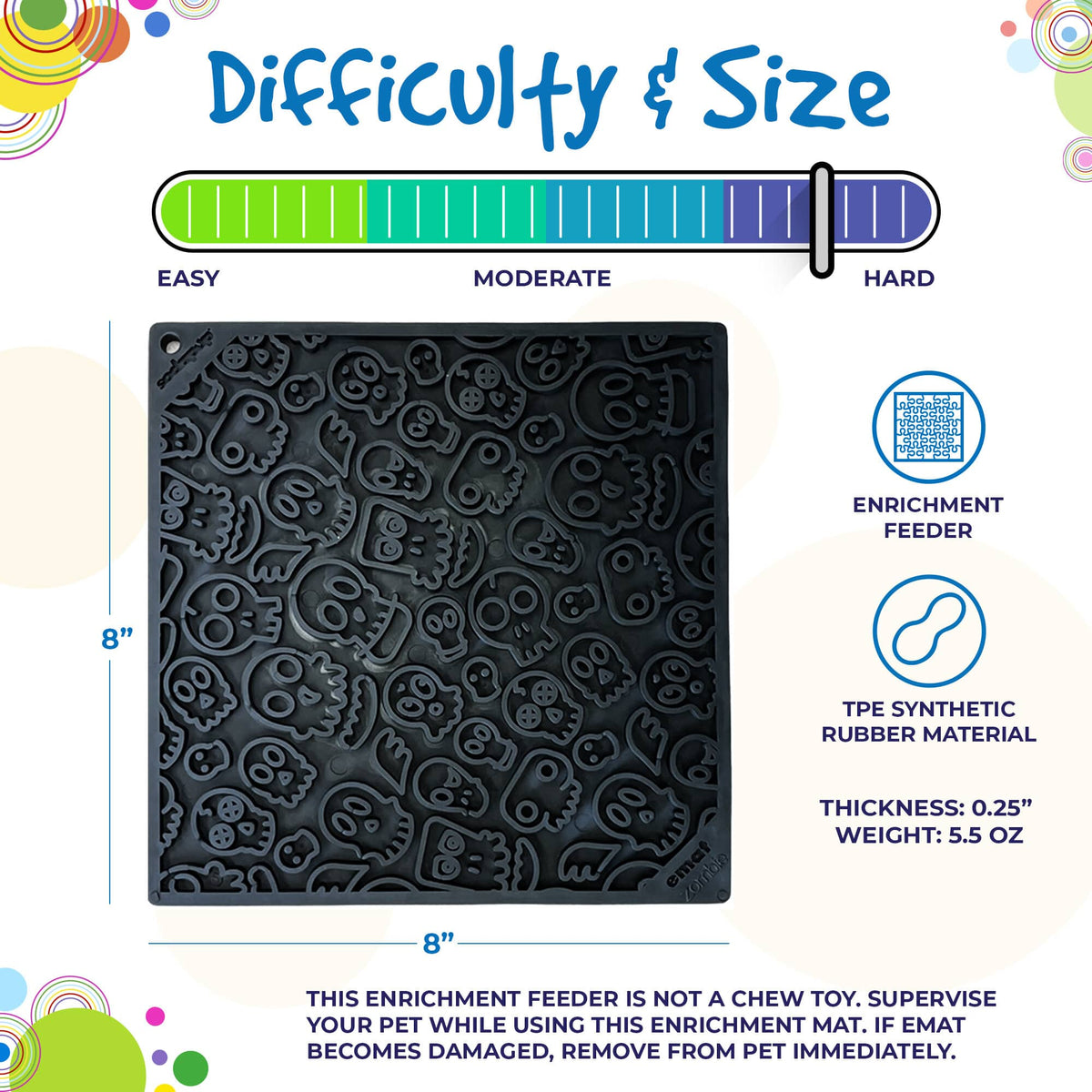 Difficulty and size graphic for the black SodaPup Zombie eMat lick mat for dogs and cats