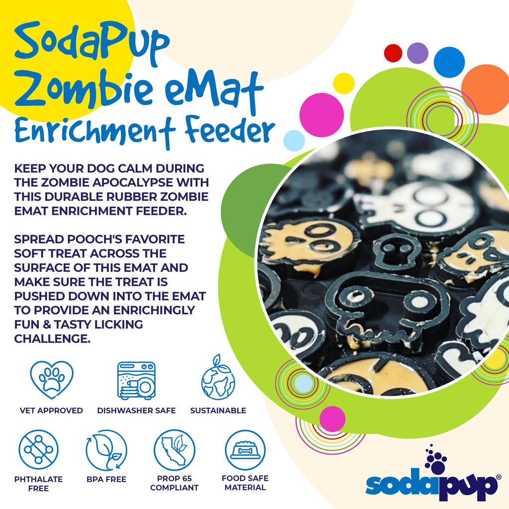 Product synopsis for the black SodaPup Zombie eMat, an 8 x 8 inch enrichment lick mat