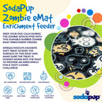 Product synopsis for the black SodaPup Zombie eMat, an 8 x 8 inch enrichment lick mat