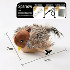 Soft faux fur sparrow made for pawing and batting, with electric flapping motion
