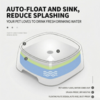 Spill-resistant dog water bowl with a floating disc that rides on the water surface