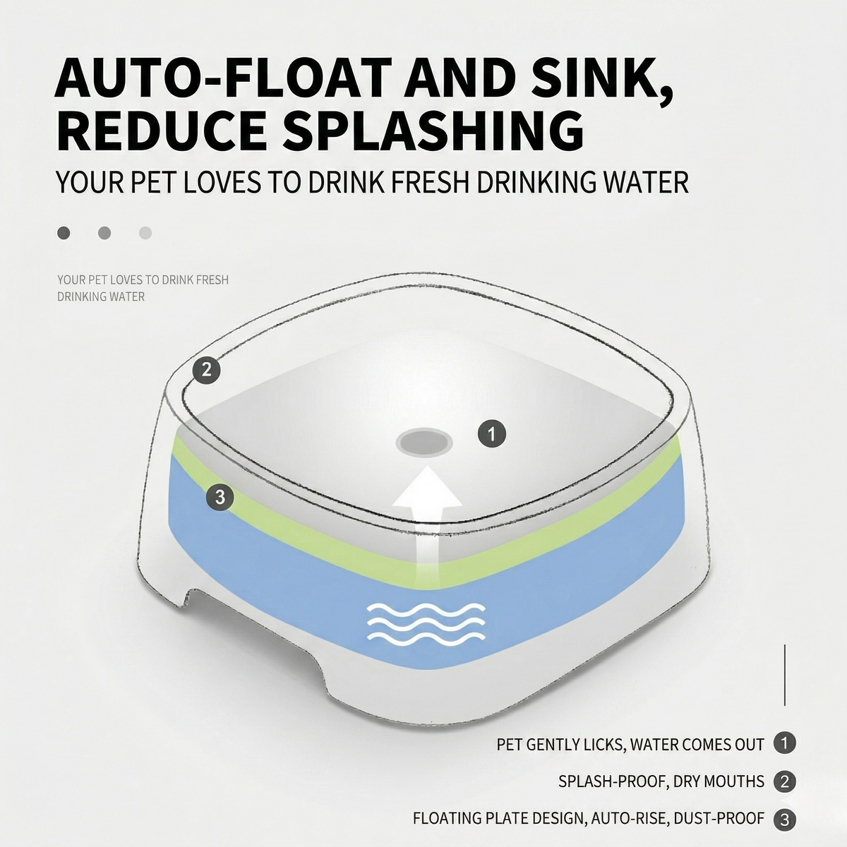 Spill-resistant dog water bowl with a floating disc that rides on the water surface