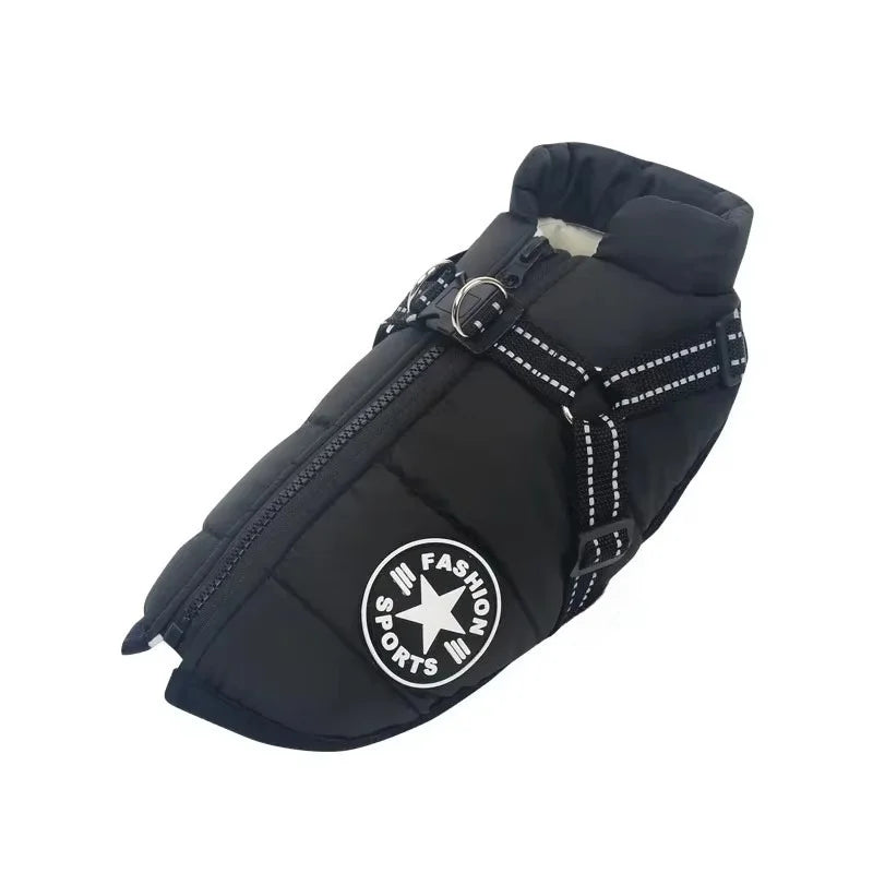 Black winter dog jacket with a harness, a warm splash-proof coat for small to big dogs