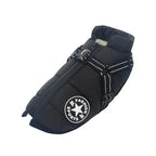 Black winter dog jacket with a harness, a warm splash-proof coat for small to big dogs