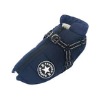 Blue splash-proof dog jacket with a harness, a warm winter layer for dogs of all sizes