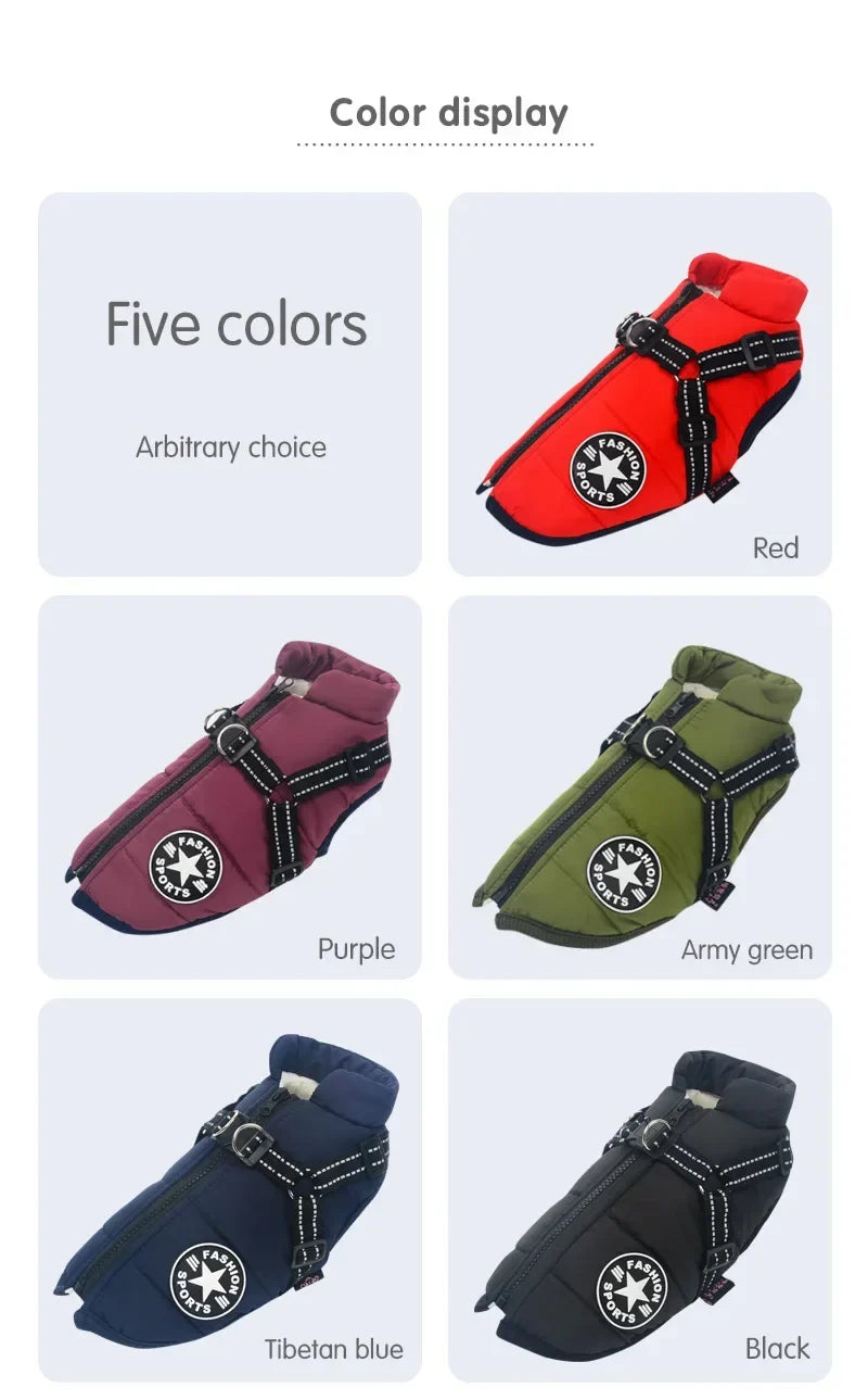 Splash-proof dog coat with a harness for damp days, offered in five solid colors