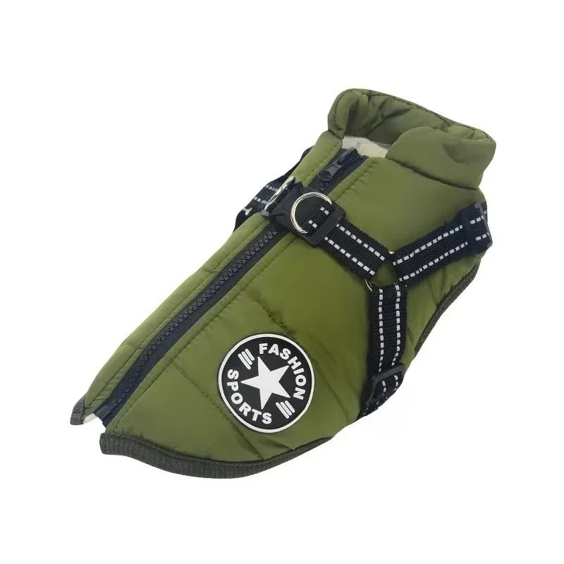 Green splash-proof winter dog jacket with a harness, in sizes S to 4XL