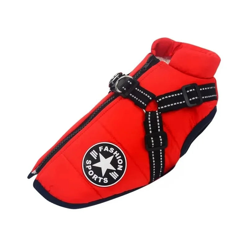 Red splash-proof dog winter jacket with a harness for cold autumn and winter walks