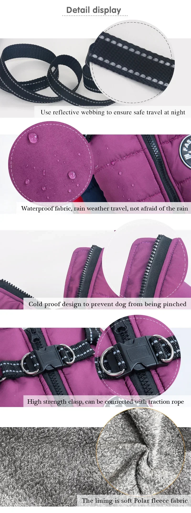 Dog jacket with harness in seven sizes: S, M, L, XL, XXL, XXXL and 4XL