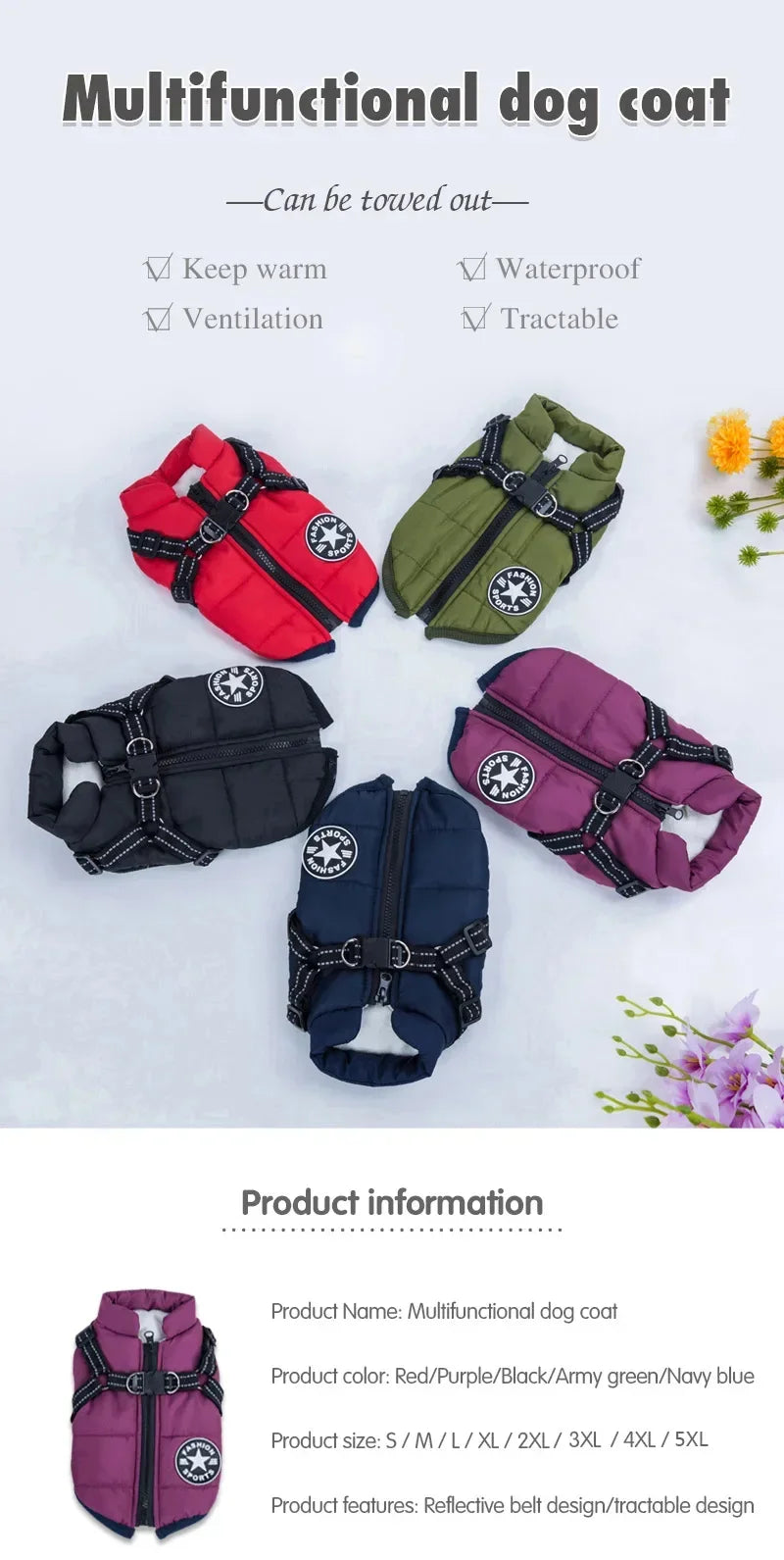 Solid-color winter dog jacket with a harness, listed by the supplier as 100% cotton