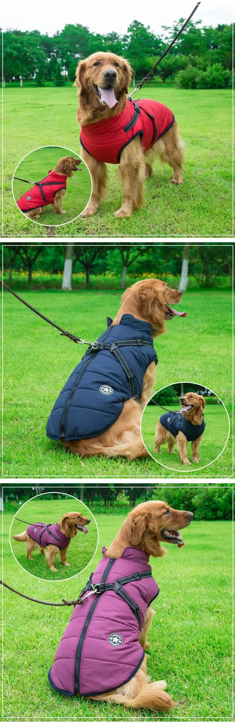 Warm winter dog clothes with a harness, splash-proof but not made for soaking in water
