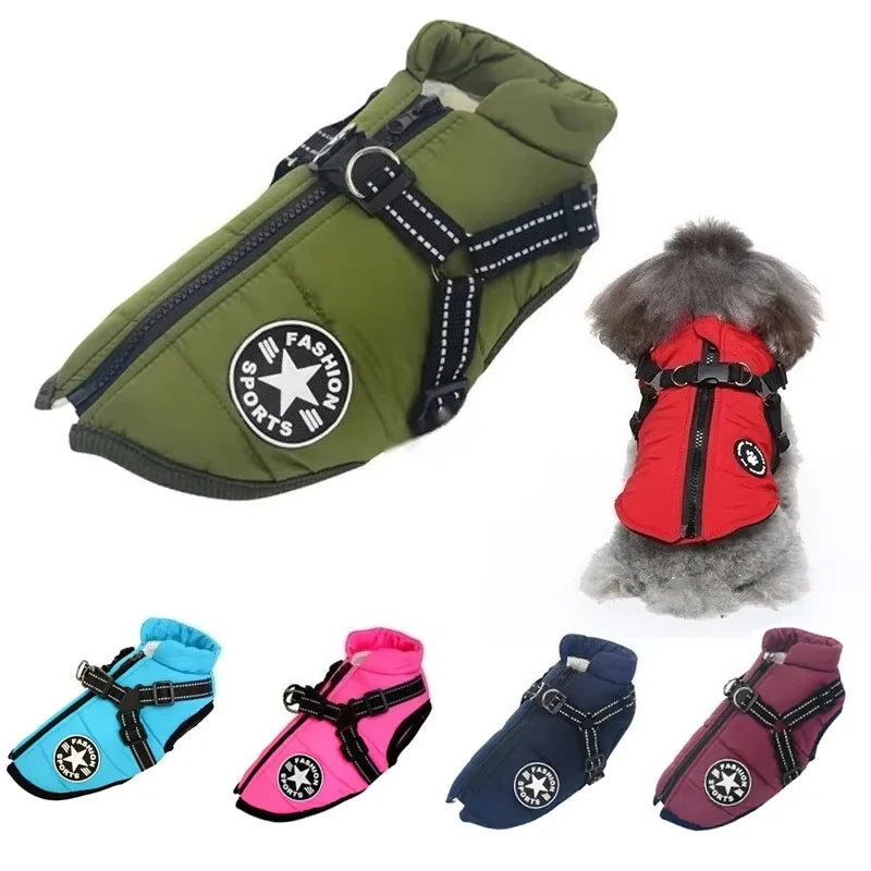 Splash-proof winter dog jacket with a harness, a warm coat for small breeds and big dogs