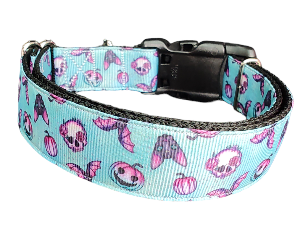 Blue Spooky Season Halloween dog collar by Doot's Pet, printed with bats, black cats, pumpkins and skulls