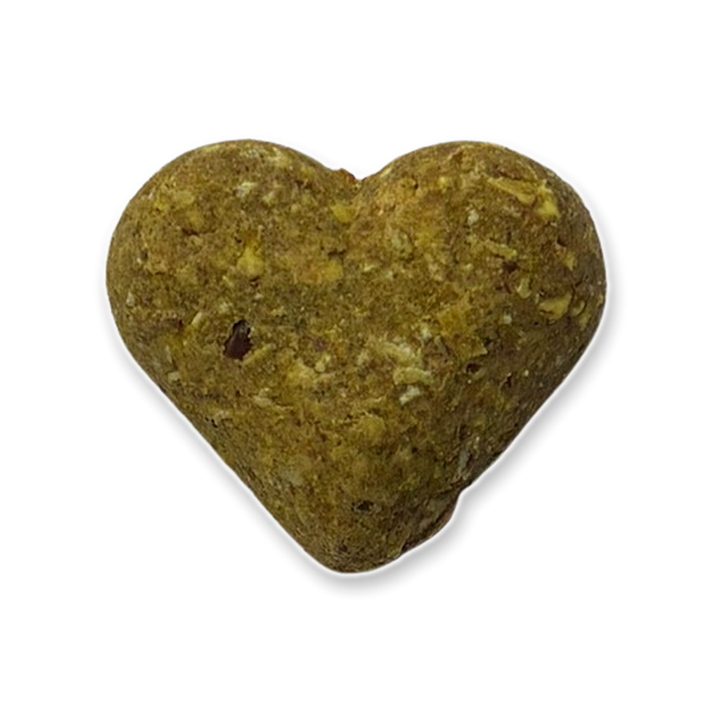 Single heart-shaped Pet Gourmet calming soft chew for dogs, made with oats, sweet potato and honey