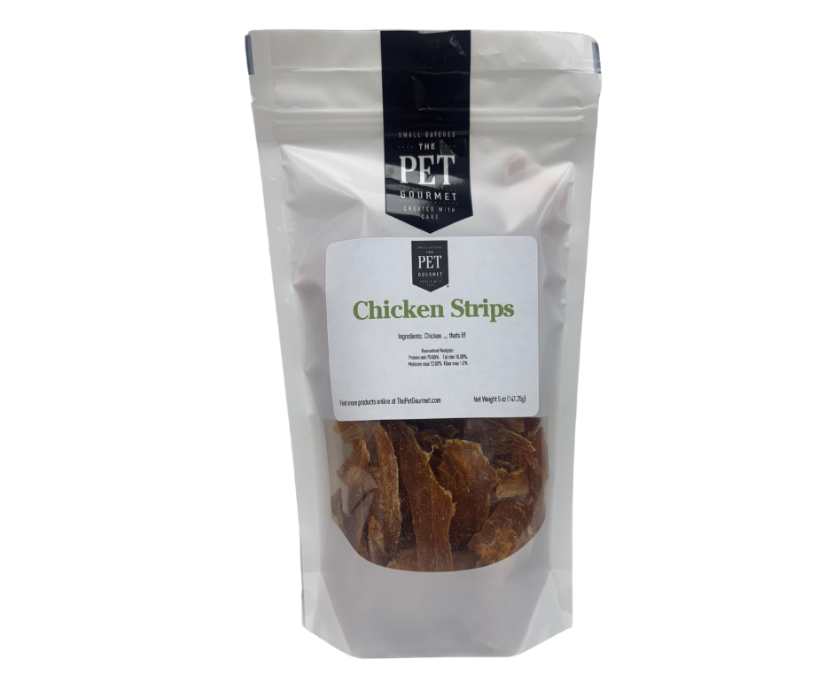 The Pet Gourmet Chicken Jerky Strips for dogs, a single-ingredient treat of USA-sourced chicken breast