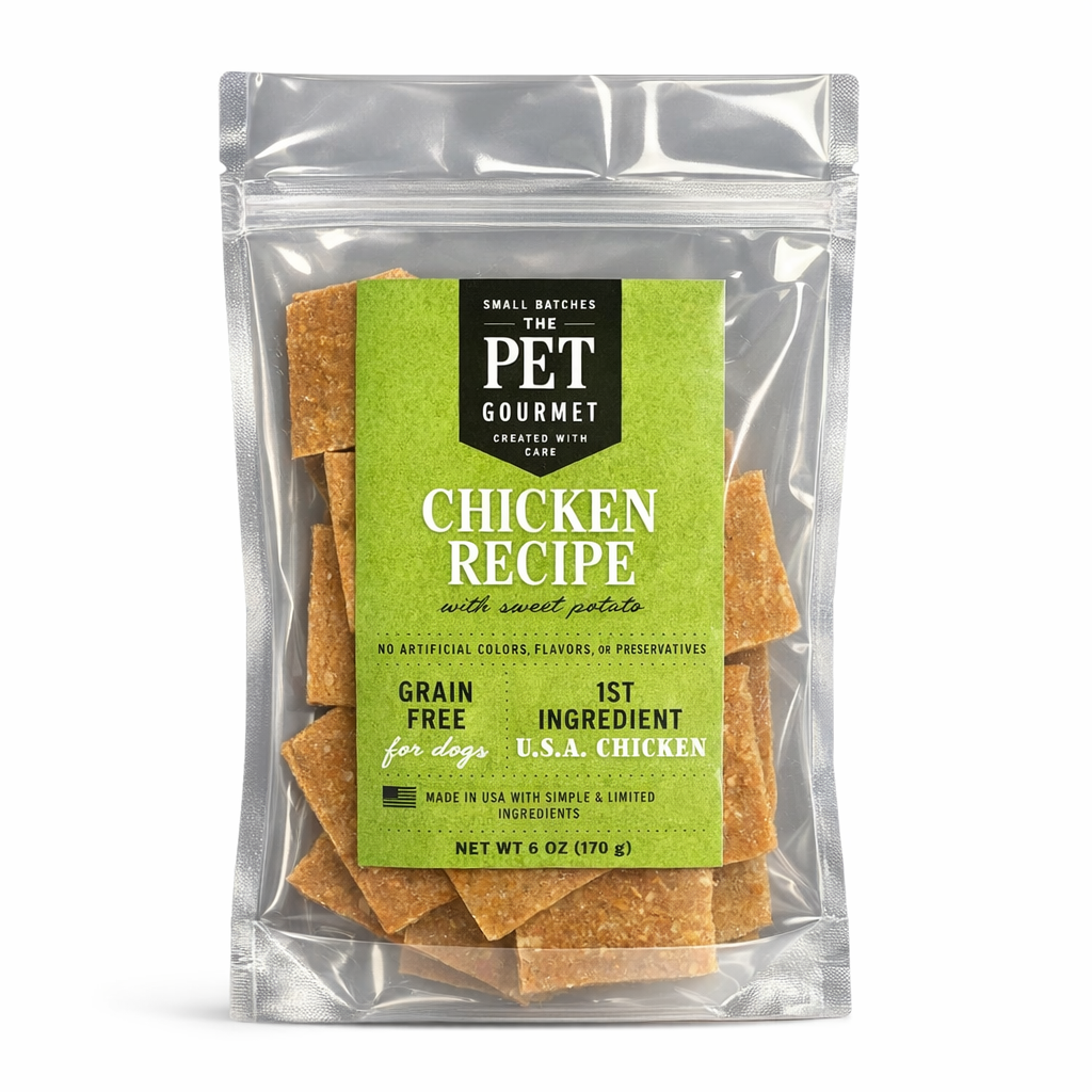 The Pet Gourmet Chicken and Sweet Potato Jerky, soft and pliable dog treats in a 5 oz size