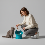 Tilted elevated pet bowl with a large-capacity dish and a playful cartoon shape