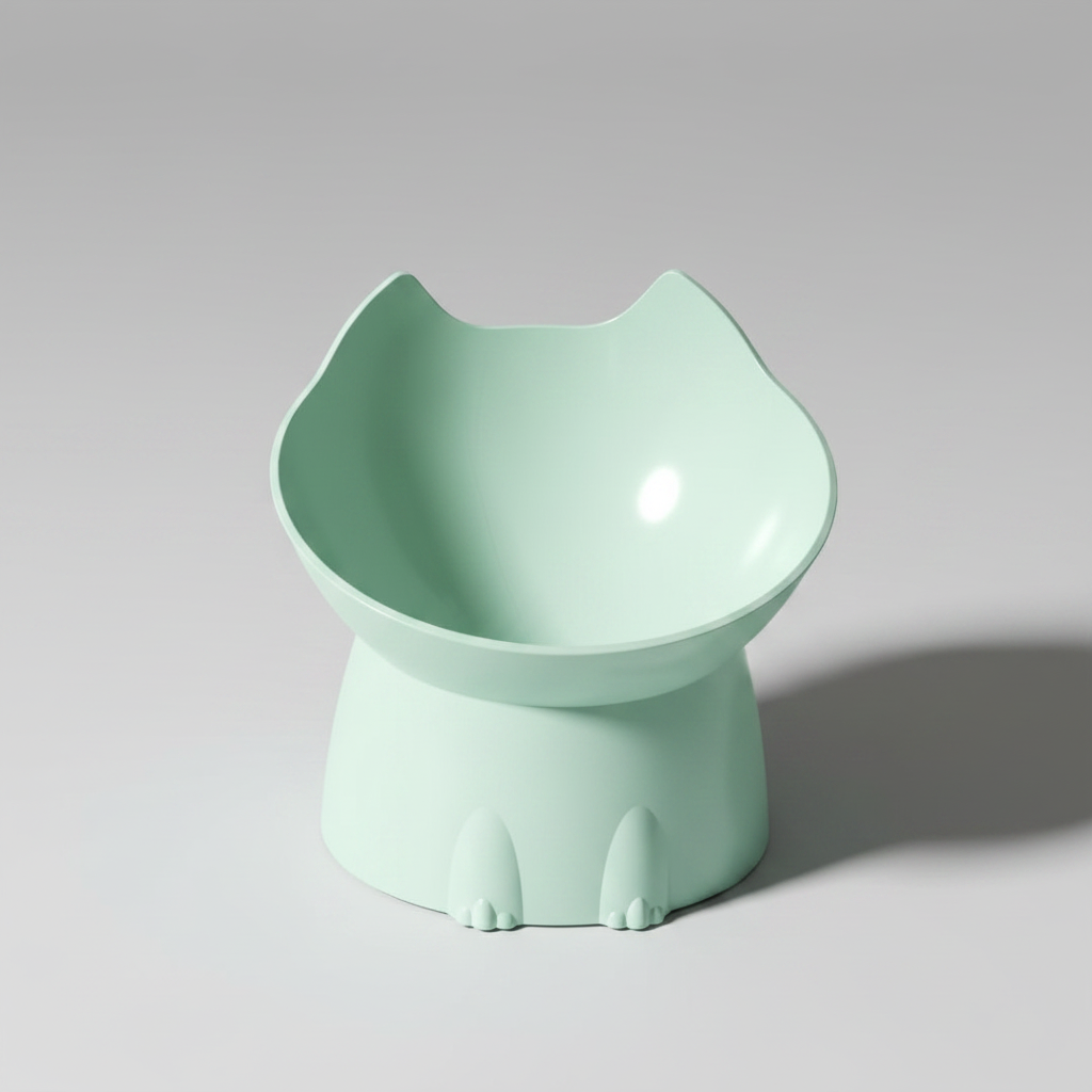 Green elevated cat bowl made of anti-knock plastic with ear-shaped detail
