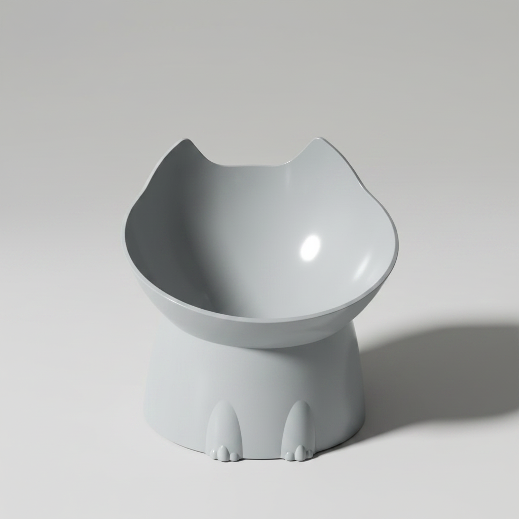 Grey raised pet bowl with a tilted design for a natural eating angle