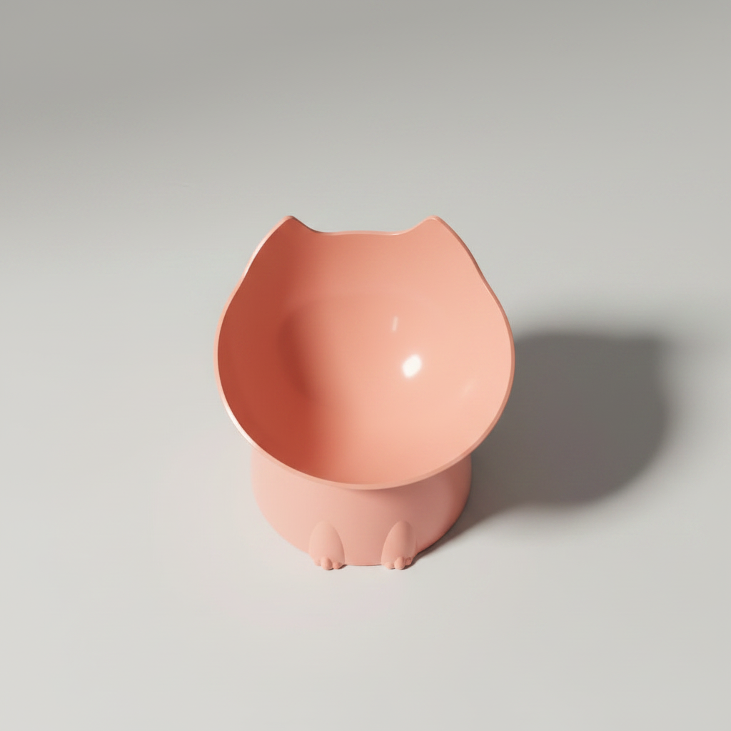 Tilted raised cat bowl with a cartoon ear silhouette that suits modern homes