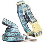 Blue shape-patterned Touchdog embroidered dog collar and leash set with dual-reinforced stitching