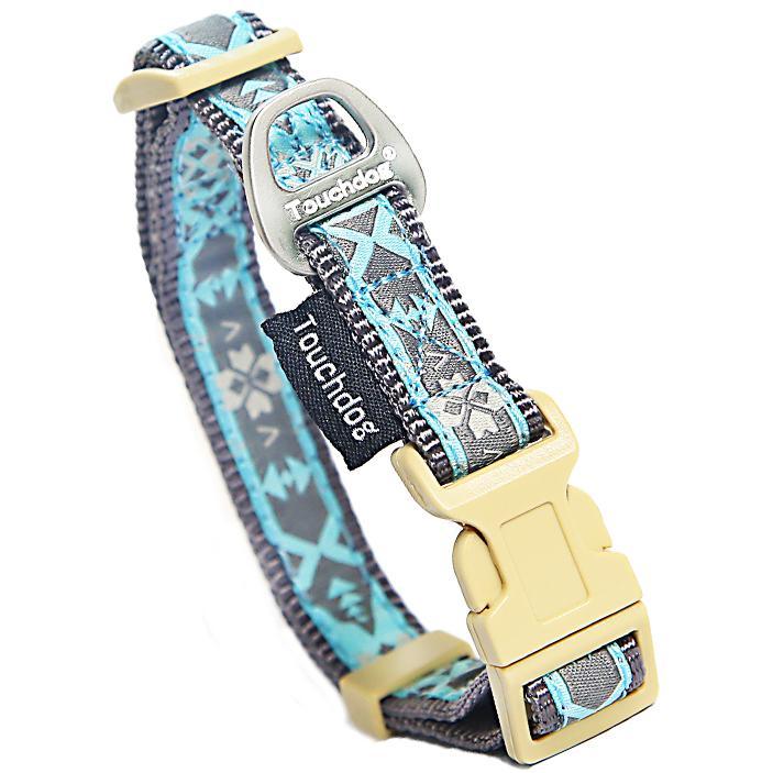 Touchdog blue shape-patterned collar with an accented buckle and a stainless steel leash connector