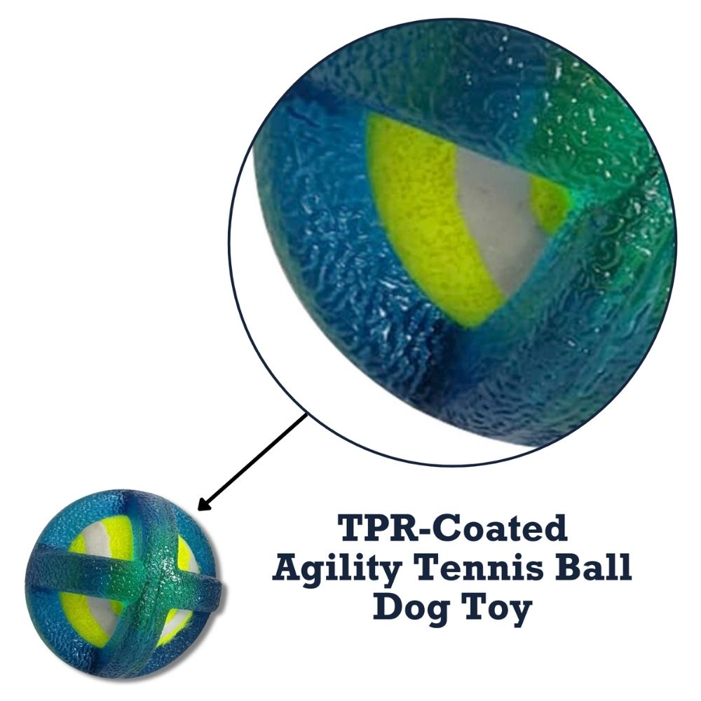 Surprise-bounce tennis ball dog toy for agility-style games and chase in the yard