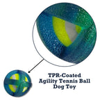 Surprise-bounce tennis ball dog toy for agility-style games and chase in the yard