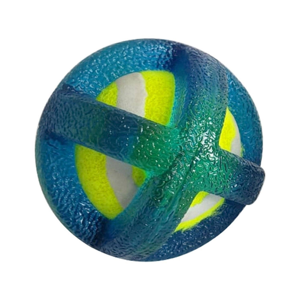 Blue TPR-coated agility tennis ball dog toy with a textured surface and a surprise bounce