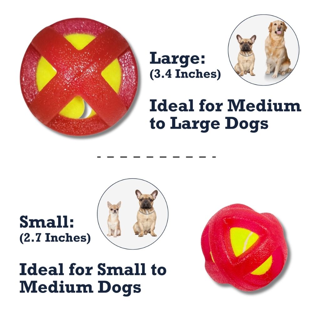 TPR-coated tennis ball dog toy sold in a small 2.7-inch size or a large 3.5-inch size