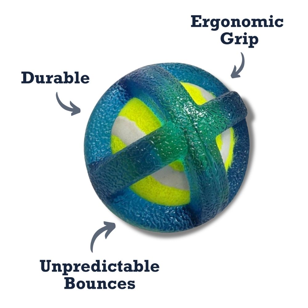 TPR-coated dog fetch ball that weighs 0.2 lb in the small size or 0.45 lb in the large