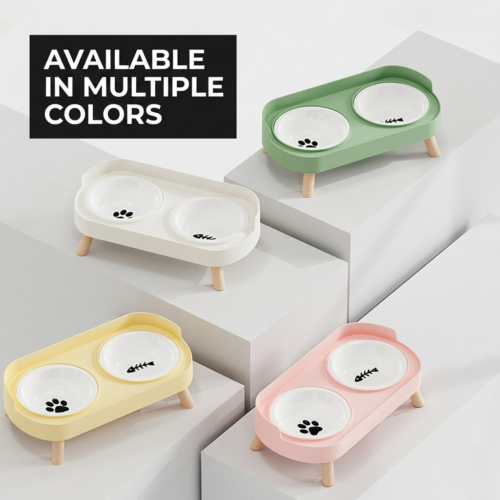 Two-bowl raised feeding station that keeps food and water in one tidy spot