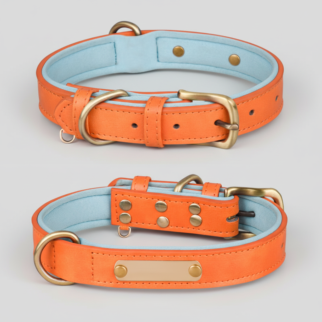 Blue Base and Orange two-tone breathable cotton dog collar with a metal buckle