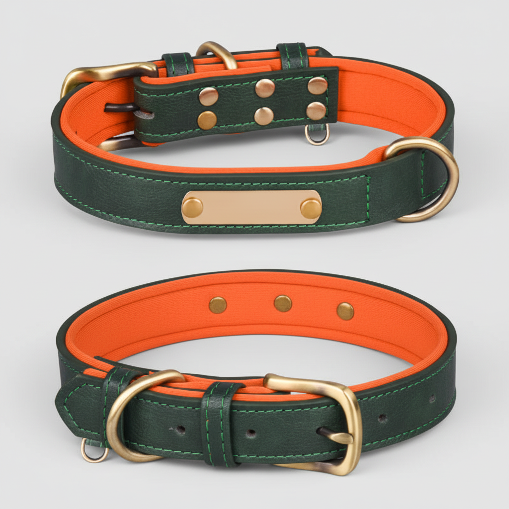 Orange Base and Dark Green breathable cotton dog collar with metal hardware