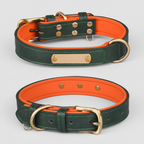 Orange Base and Dark Green breathable cotton dog collar with metal hardware