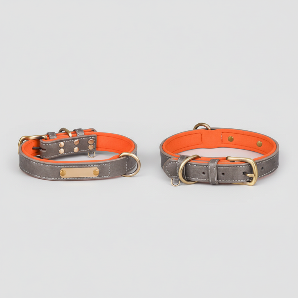 Orange Base and Gray two-tone cotton dog collar, sizes XS to XL