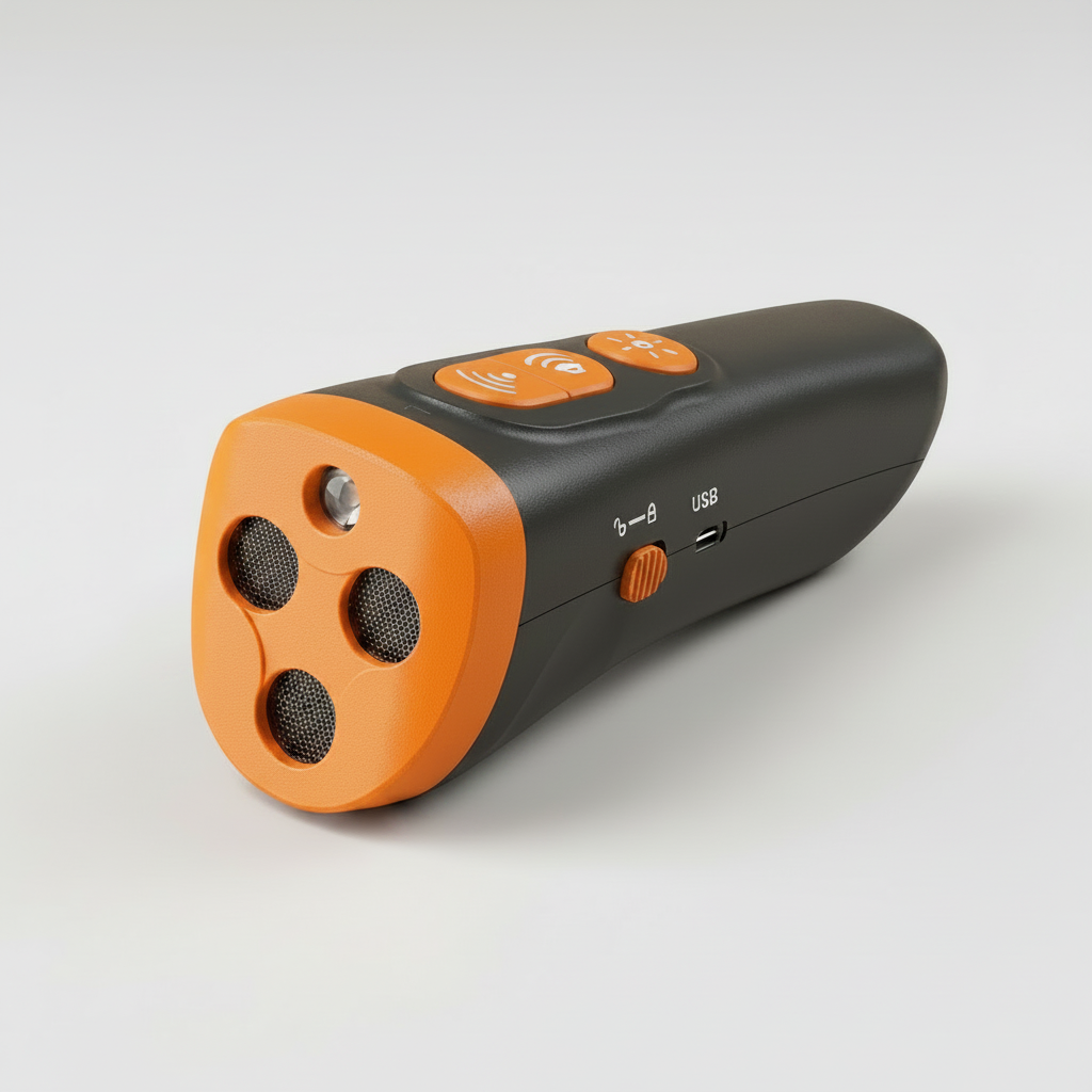 Orange handheld ultrasonic dog training device with strobe, tone and ultrasonic modes