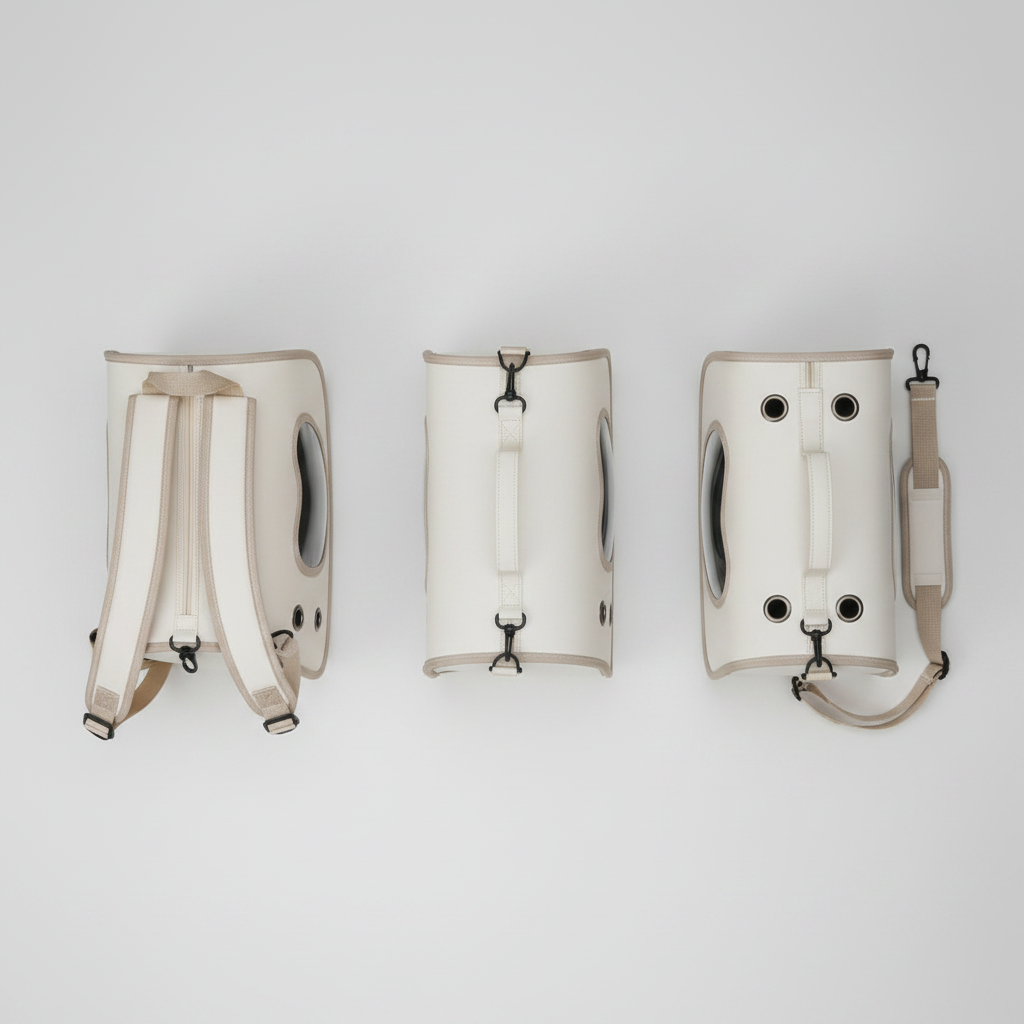 Ventilated cat backpack carrier with a panoramic bubble window for vet trips