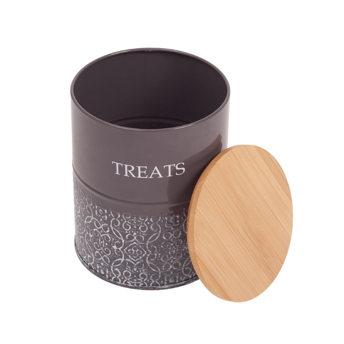 Powder-coated Volcanic Gray carbon steel treat jars by Country Living with a wipe-clean outside