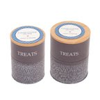 Volcanic Gray Country Living dog treat canisters, a set of 2 carbon steel jars with bamboo lids